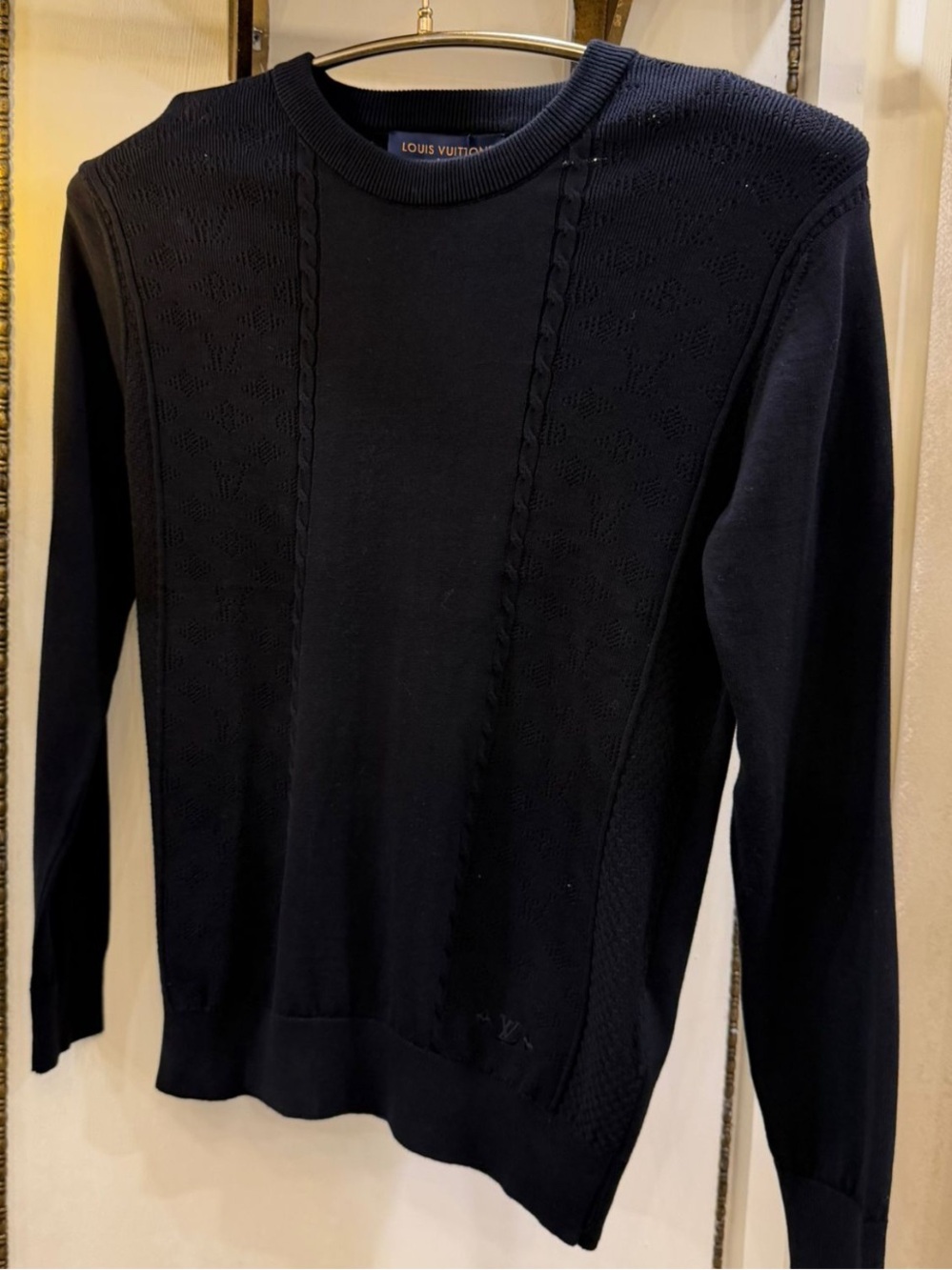 Louis Vuitton Men’s Pointelle cotton silk Black Cable-Panel Crewneck Sweater